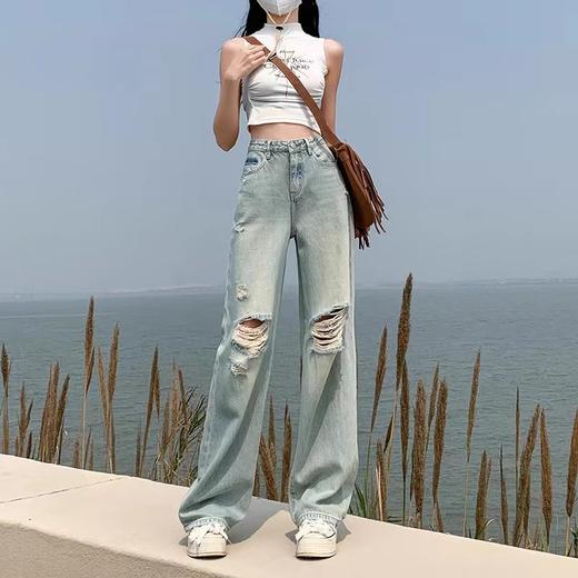 破洞牛仔裤女夏季薄款2024年新款垂感宽松高腰浅色拖地直筒阔腿裤 商品图3