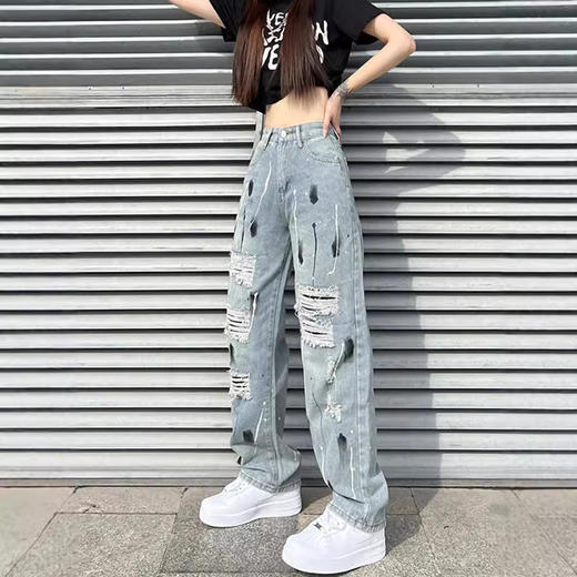 泼墨破洞牛仔裤女新款ins潮高街显瘦遮肉百搭宽松直筒阔腿拖地裤. 商品图2
