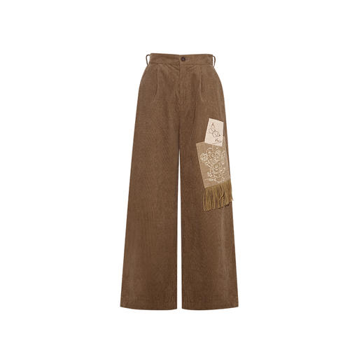 两三事梵高文艺寻光而行2024秋季新款复古刺绣流苏灯芯绒休闲裤女 商品图4