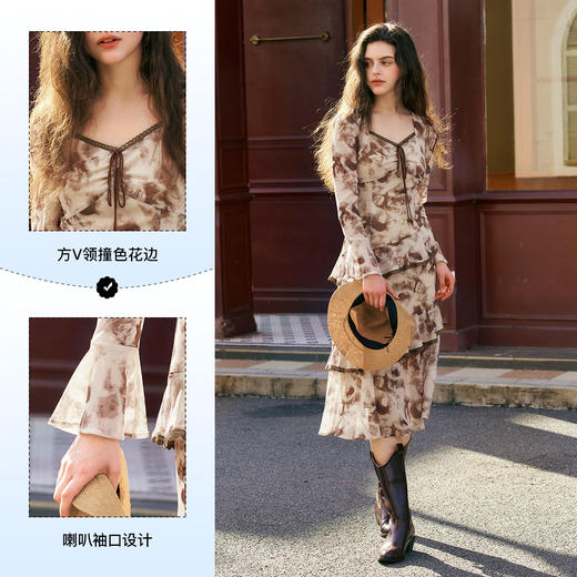 
OLrain欧芮儿法式长袖连衣裙女秋季2024年新款荷叶边晕染V领裙子 商品图2