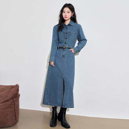 西遇长袖牛仔连衣裙女新款蓝色中长款宽松时尚衬衫裙D3342298 商品图1