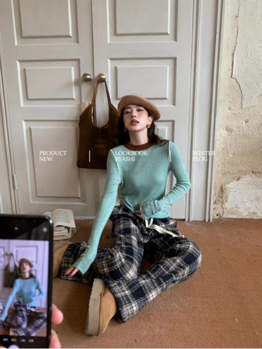 🍂🍂【岚可可撞色弹力圆领针织打底】✅、精致有设计感的单品穿搭，🔺配色都很绝，🌈不论是单穿还是叠搭外套都很有腔调！ 商品图0