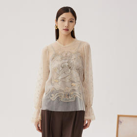 谜底网纱上衣长袖女2024秋新品浪漫感A型刺绣衬衫喇叭袖243GS1119