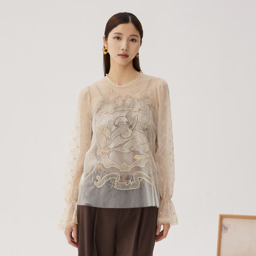 谜底网纱上衣长袖女2024秋新品浪漫感A型刺绣衬衫喇叭袖243GS1119 商品图0