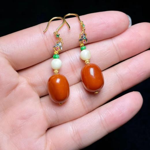 S925蜜蜡老蜡枣珠耳坠约15*11mm 商品图0