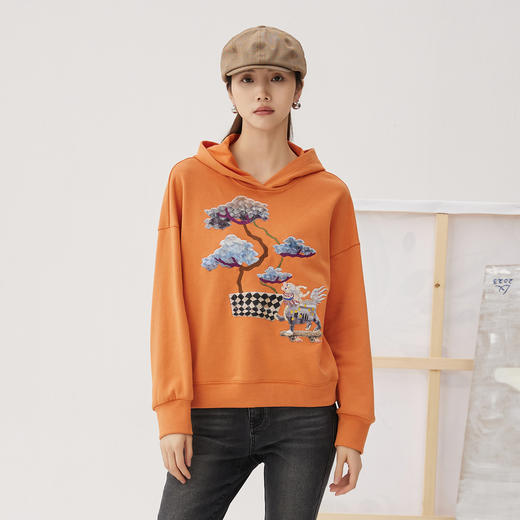 谜底连帽卫衣长袖女2024秋新品休闲风宽松绣花短款上衣243MV0970 商品图0