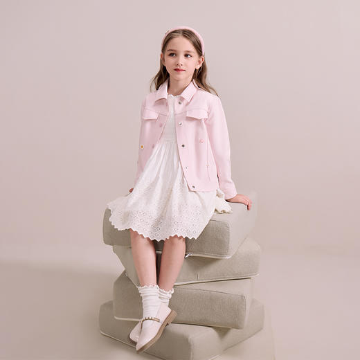 mettekids儿童粉色牛仔外套2024秋新款女童绣花正肩中空纱夹克 商品图3