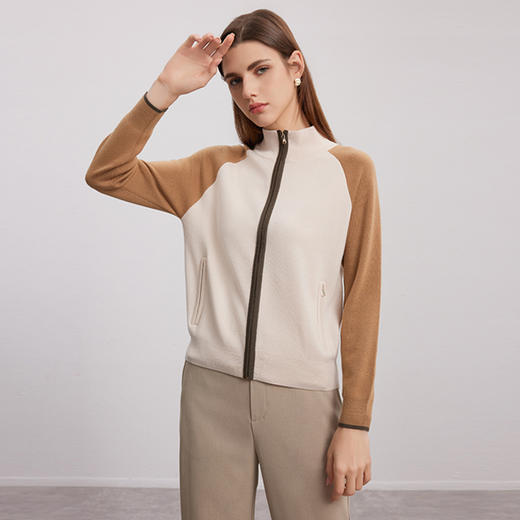 【半高领撞色羊毛开衫】24年秋冬新品女士100%羊毛拉链款运动针织外套 商品图3