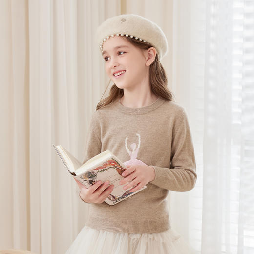 mettekids儿童100%羊绒衫2024秋季新款女童杏色毛衣甜美针织衫 商品图1