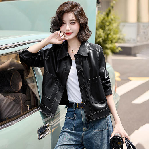 雀说 女式皮衣秋冬女新款翻领外套百搭帅气复古PU皮衣 4ZF-CL24155 商品图1