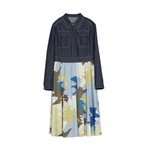 谜底2022冬季新款连衣裙女复古牛仔拼接印花中长裙长袖224ML1660 商品图4