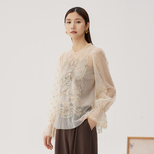 谜底网纱上衣长袖女2024秋新品浪漫感A型刺绣衬衫喇叭袖243GS1119 商品图1