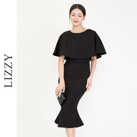 LIZZY时尚名媛赫本风斗篷式鱼尾宴会派对小礼服连衣裙6931