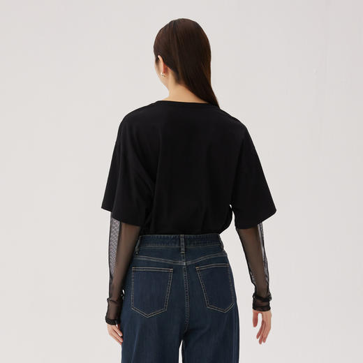 谜底假两件T恤长袖女2024秋新品复古风圆领宽松印花上衣243MT0968 商品图2