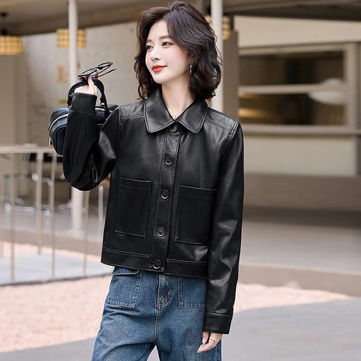 雀说 女式皮衣秋冬女新款翻领外套百搭帅气复古PU皮衣 4ZF-CL24155 商品图2