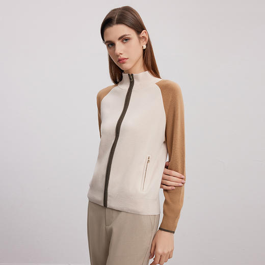 【半高领撞色羊毛开衫】24年秋冬新品女士100%羊毛拉链款运动针织外套 商品图2