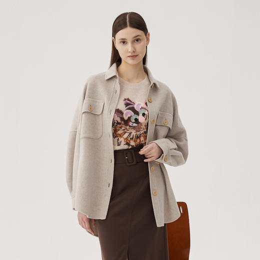 谜底羊毛呢大衣女2024秋款休闲风百搭大口袋中长款外套243MD1083 商品图0