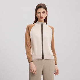 【半高领撞色羊毛开衫】24年秋冬新品女士100%羊毛拉链款运动针织外套