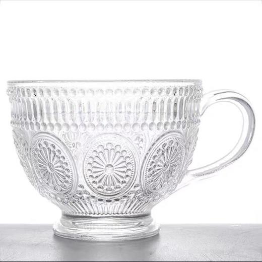 「9.9到手！复古浮雕设计」太阳花牛奶杯早餐杯居家日用玻璃杯子水杯带把手大容量燕麦杯餐饮用具 商品图4