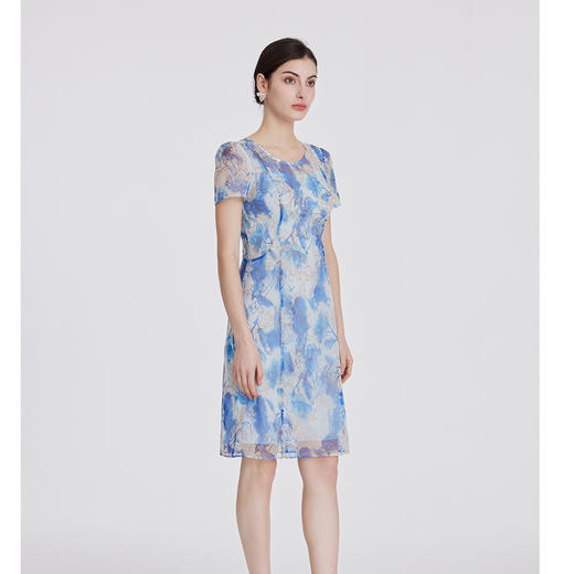 司歌刺绣印花大圆领连衣裙短袖端庄优雅A891190X 商品图2