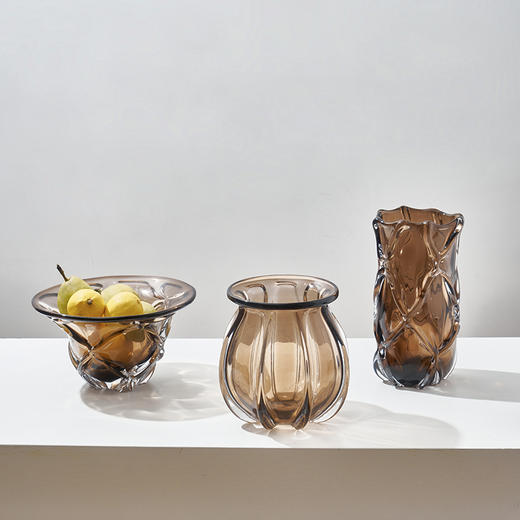 代简约轻奢花瓣口厚重咖色琉璃花瓶客厅餐桌酒店软装台面小果盘 商品图5