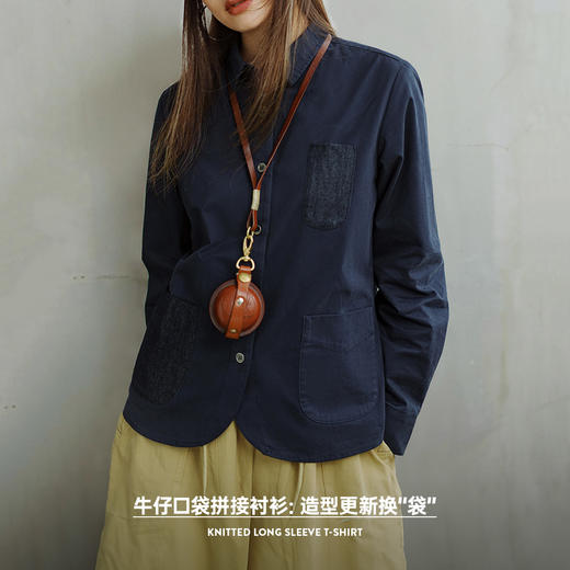 马登复古牛仔口袋拼接衬衫设计感休闲纯棉外套百搭叠穿上衣春秋女 商品图2