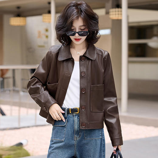 雀说 女式皮衣秋冬女新款翻领外套百搭帅气复古PU皮衣 4ZF-CL24155 商品图0