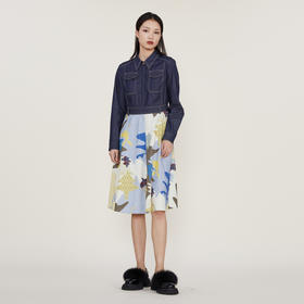 谜底2022冬季新款连衣裙女复古牛仔拼接印花中长裙长袖224ML1660