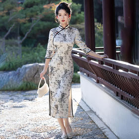 改良新款秋冬年轻款日常水墨仿醋酸抓花设计感优雅七分袖旗袍MLS6986