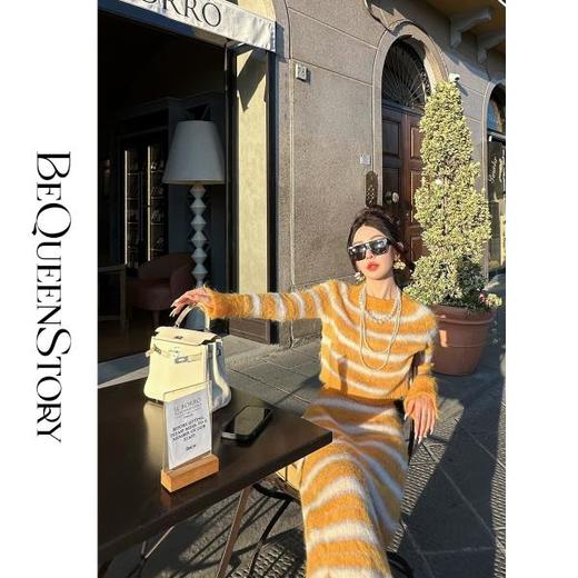 BeQueenStory【热恋磁场】羊驼毛气质修身条纹套装&宽松慵懒毛衣 商品图4