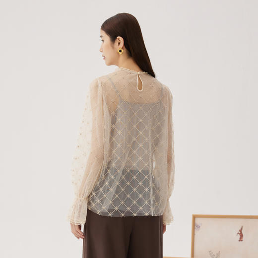 谜底网纱上衣长袖女2024秋新品浪漫感A型刺绣衬衫喇叭袖243GS1119 商品图2