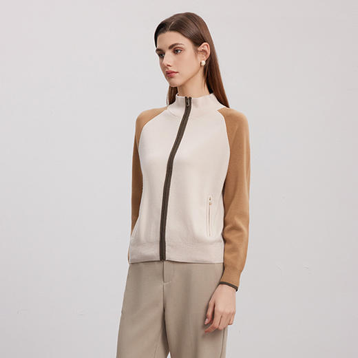 【半高领撞色羊毛开衫】24年秋冬新品女士100%羊毛拉链款运动针织外套 商品图1