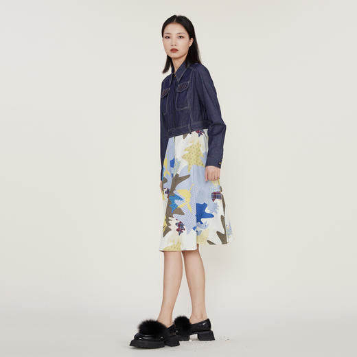 谜底2022冬季新款连衣裙女复古牛仔拼接印花中长裙长袖224ML1660 商品图3