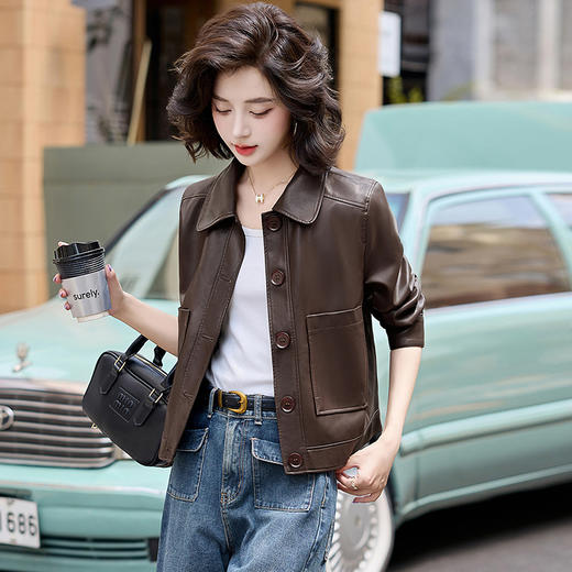 雀说 女式皮衣秋冬女新款翻领外套百搭帅气复古PU皮衣 4ZF-CL24155 商品图3