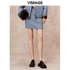 VIMAGE纬漫纪秋季新款高腰显瘦时尚复古印花短裙半身裙V2206815