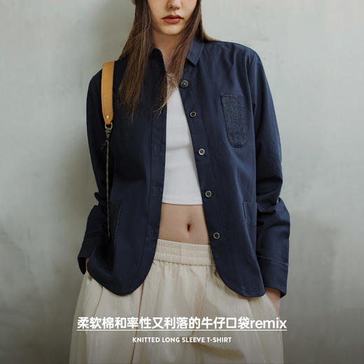 马登复古牛仔口袋拼接衬衫设计感休闲纯棉外套百搭叠穿上衣春秋女 商品图4