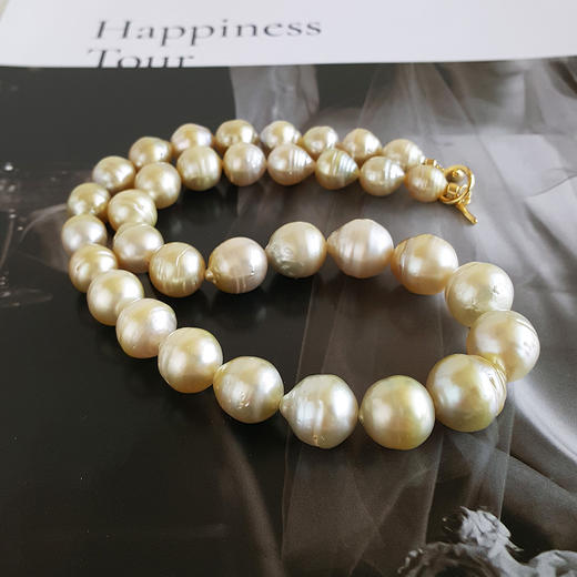 【天然正品】天然约8.5-13.5MM香槟金色螺纹海水珍珠塔珠项链160724JJ21 特价 商品图2