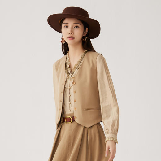 谜底V领衬衫长袖女士2024秋新品通勤风气质蕾丝花边衬衣243MC1155 商品图1