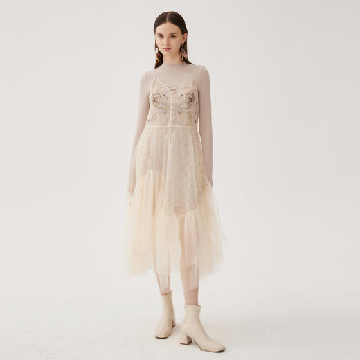 谜底两件套连衣裙长袖2024秋季新品复古风浪漫刺绣纱裙243GL1137 商品图0