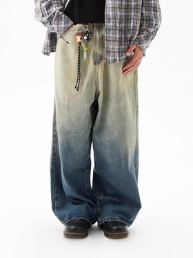 FMACM/CK24166/黄泥渐变水洗扎花复古宽松牛仔裤