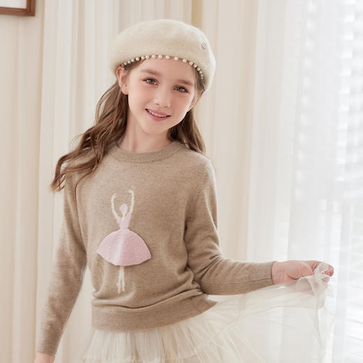 mettekids儿童100%羊绒衫2024秋季新款女童杏色毛衣甜美针织衫 商品图4