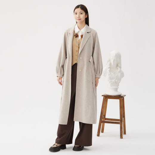 谜底长款毛呢大衣女2024秋款通勤风气质平驳领呢子外套243MD1084 商品图1