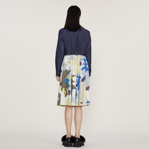 谜底2022冬季新款连衣裙女复古牛仔拼接印花中长裙长袖224ML1660 商品图2
