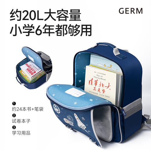 【开学好物|GERM 1-6年级护脊书包合集】选用快速散热透气面料，夏天背也不会闷汗，软弹支撑力设计，有效减缓孩子脊柱压力，S型散压环绕肩带，缓震贴合背部，不勒肩背着舒坦，让孩子上学之路更轻松 商品图11