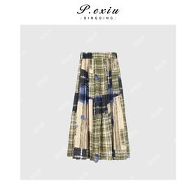 01-1 潘依绣丁丁宠粉设计款复古拼接做旧格子半身裙 Q5265