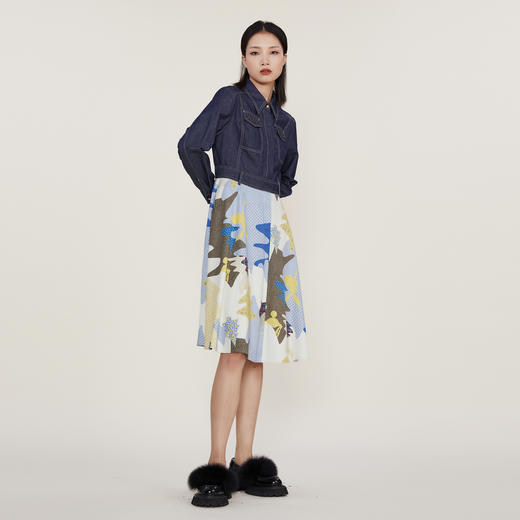 谜底2022冬季新款连衣裙女复古牛仔拼接印花中长裙长袖224ML1660 商品图1