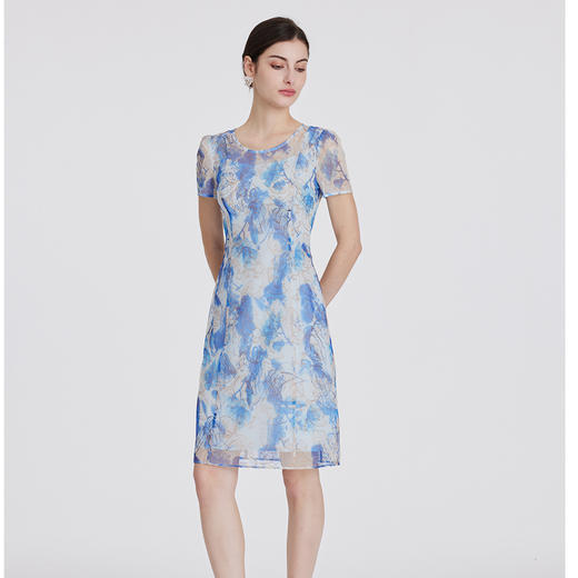 司歌刺绣印花大圆领连衣裙短袖端庄优雅A891190X 商品图4