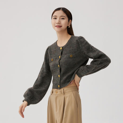 谜底针织开衫长袖女2024秋季新品小香风单排扣短款毛衫243MZ1279 商品图1