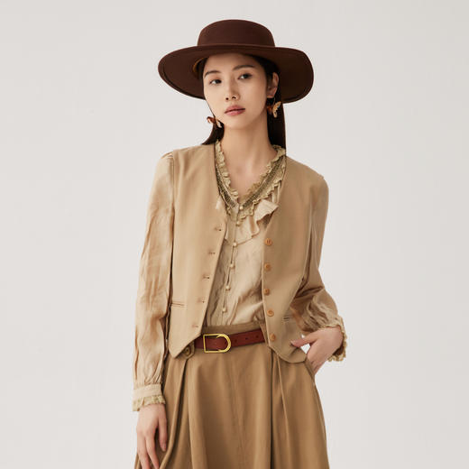 谜底V领衬衫长袖女士2024秋新品通勤风气质蕾丝花边衬衣243MC1155 商品图0