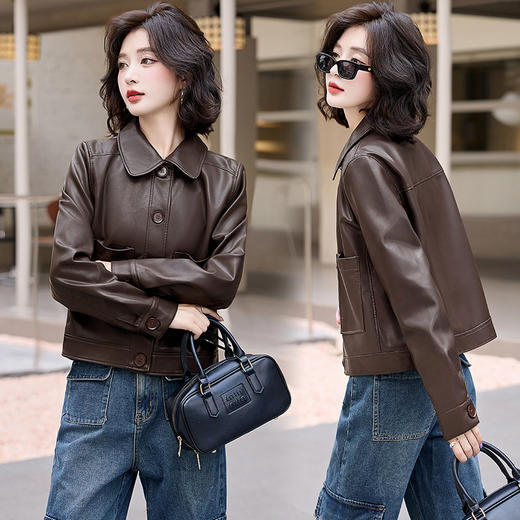 雀说 女式皮衣秋冬女新款翻领外套百搭帅气复古PU皮衣 4ZF-CL24155 商品图6